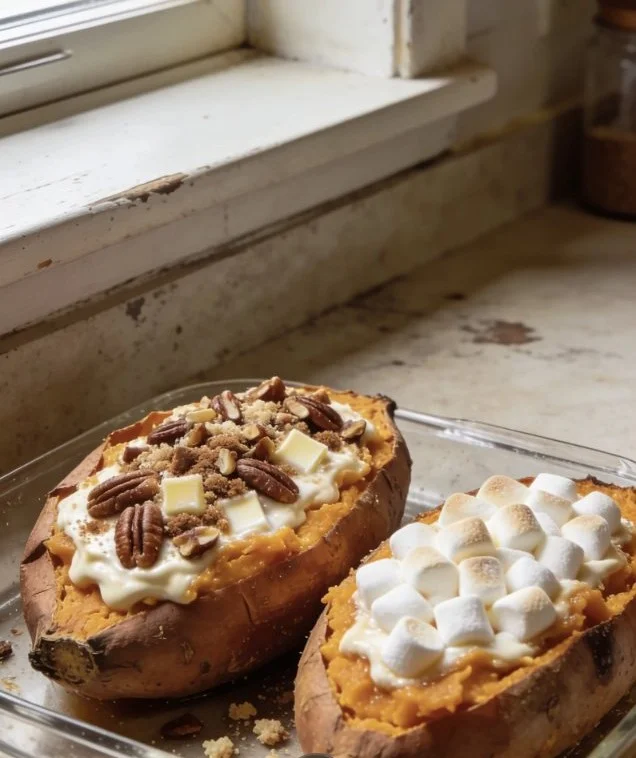 Twice-baked sweet potatoes topped with pecan pie filling