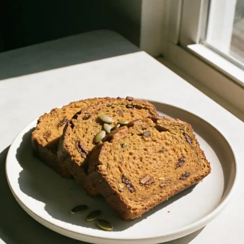 Loaf of freshly baked pumpkin bread with spices and nuts on a wooden table