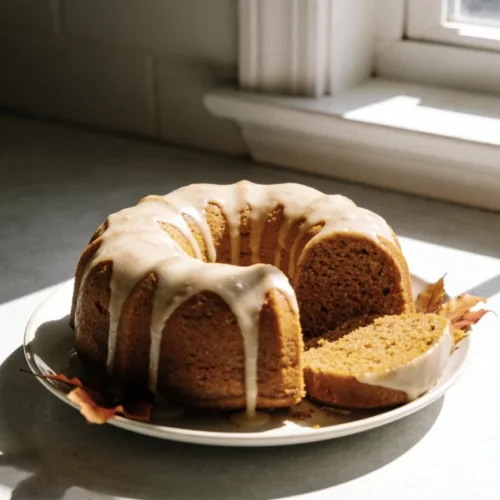 Delicious Pumpkin Bundt Cake served on a plate with festive fall decorations.