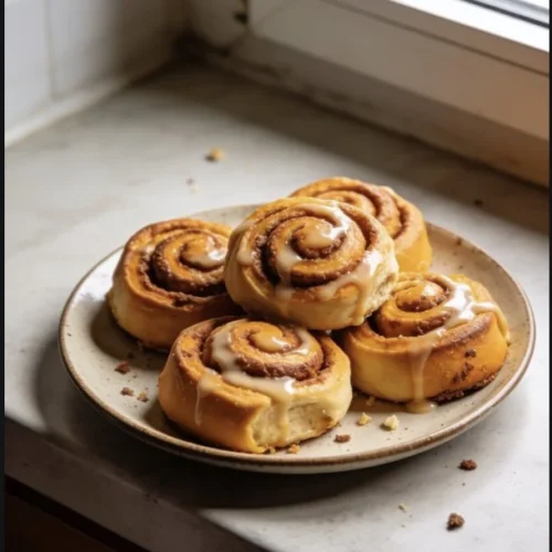 Freshly baked Pumpkin Cinnamon Rolls topped with cream cheese frosting