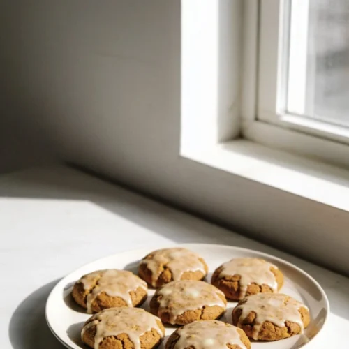 Delicious freshly baked pumpkin cookies on a wooden table