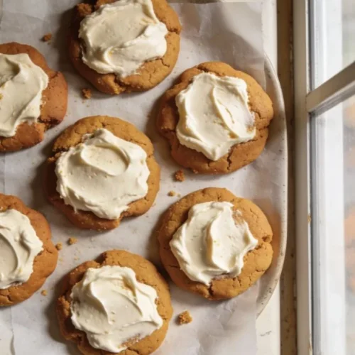 Delicious pumpkin cookies with cream cheese frosting on a plate