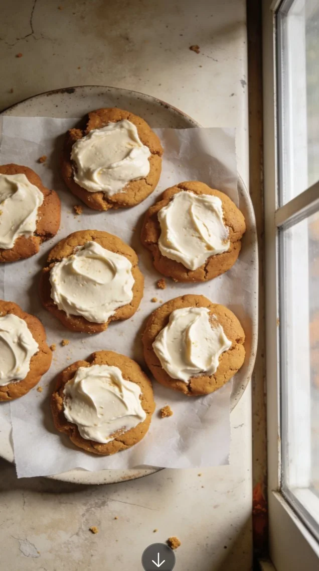 Delicious pumpkin cookies with cream cheese frosting on a plate