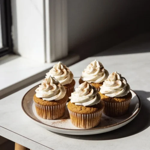 Delicious pumpkin cupcakes topped with cream cheese frosting and fall spices.