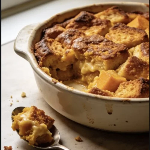 Delicious Pumpkin French Toast Casserole topped with syrup and spices