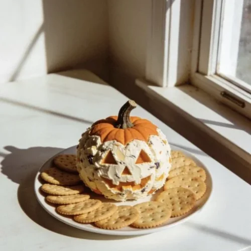 Delicious pumpkin Halloween cheese ball decorated for festive parties.
