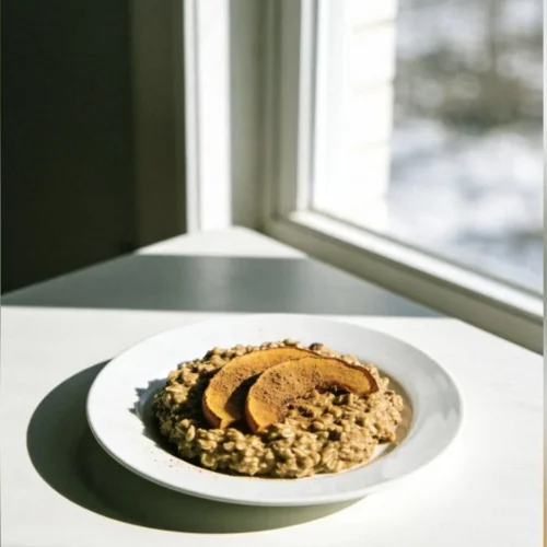 Delicious pumpkin spice baked oats in a bowl, topped with nuts and cinnamon.