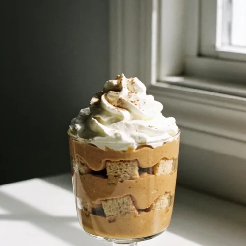 Delicious pumpkin trifle with layers of pumpkin, cream, and spices.