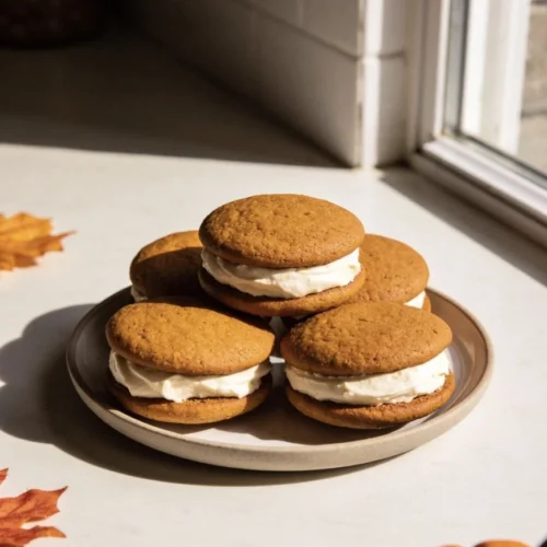 Delicious Pumpkin Whoopie Pies with creamy filling on a rustic background.