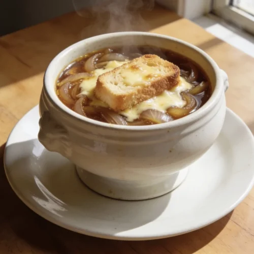 Delicious restaurant-style French onion soup topped with melted cheese and bread