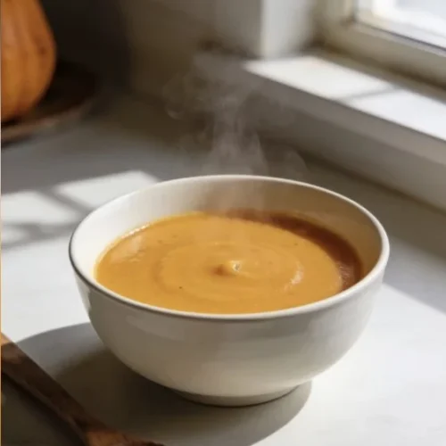 Bowl of creamy roasted butternut squash soup garnished with herbs.