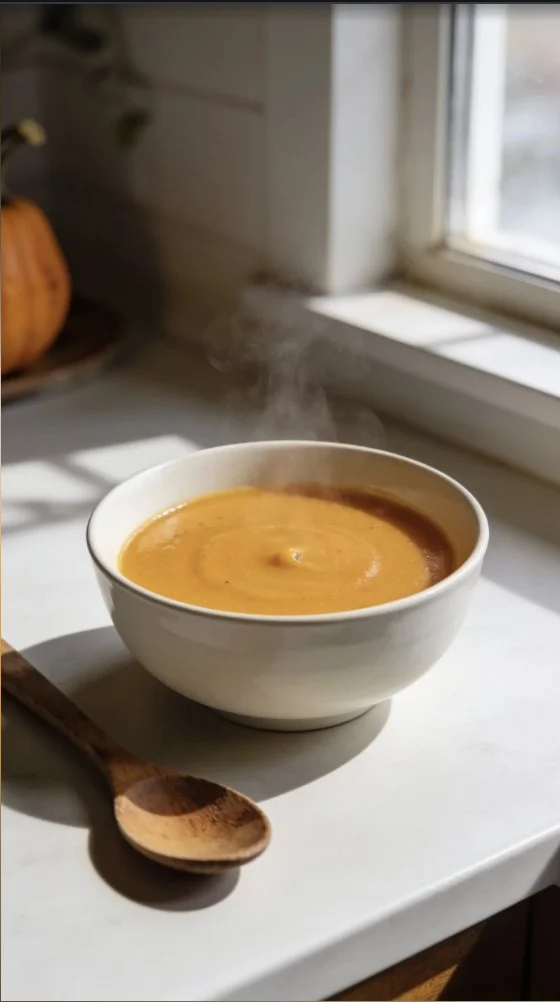 Bowl of creamy roasted butternut squash soup garnished with herbs.