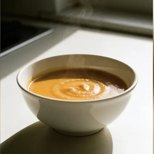 Bowl of roasted pumpkin butternut squash soup garnished with herbs