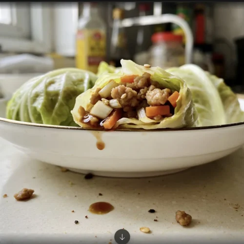 Plate of steamed cabbage dumplings without dough, garnished with herbs.