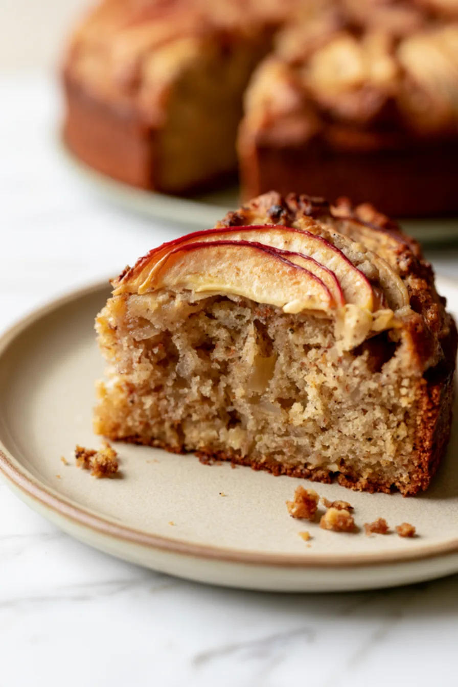 Slice of air fryer apple cake with a glazed spiral of apple slices on top