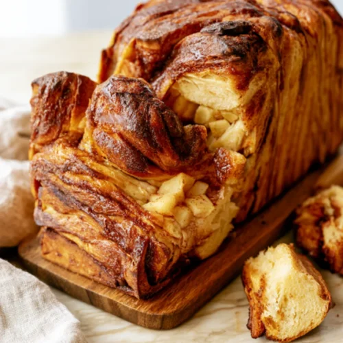 Apple pie pull-apart bread loaf on a wooden board with caramelized cinnamon sugar layers and diced apple filling showing between them