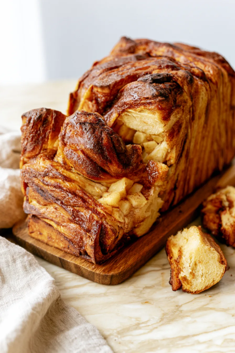 Apple pie pull-apart bread loaf on a wooden board with caramelized cinnamon sugar layers and diced apple filling showing between them