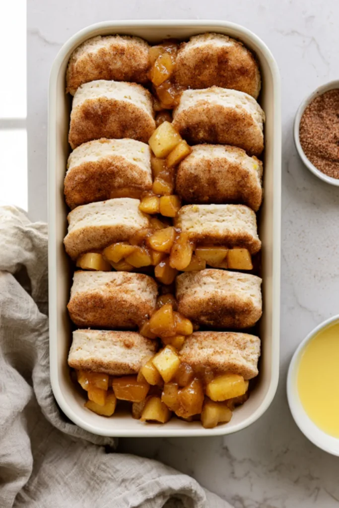 Assembling Apple Pie Pull-Apart Bread Cinnamon sugar coated biscuit halves standing in two rows in a loaf pan with cooked apple filling spooned between them