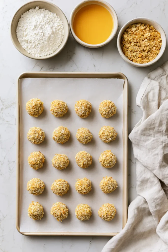 Breading the Potato Cheese Balls Tray of uncooked potato balls coated in crushed cornflakes next to three bowls of flour, beaten egg and cornflake crumbs