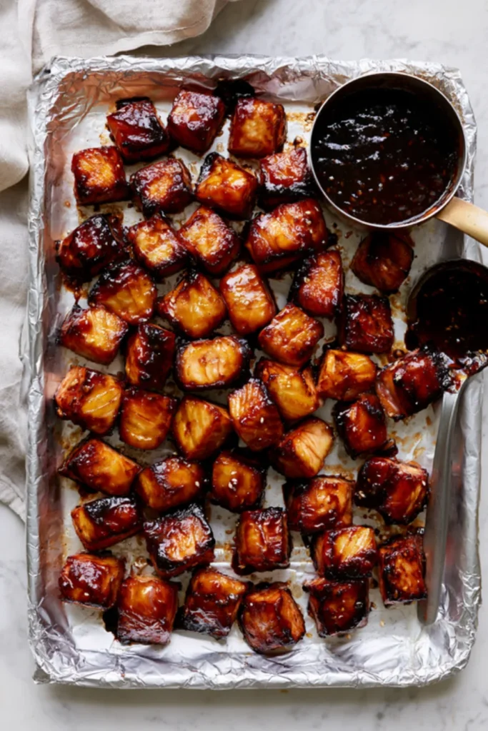 Broiled Glazed Salmon Bites Broiled honey soy glazed salmon cubes with caramelized edges on a foil-lined sheet pan, a small pot of thickened glaze beside them