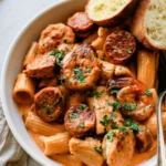 Bowl of creamy Cajun rigatoni with seared shrimp, sliced smoked sausage and chopped parsley, toasted baguette slices on the side