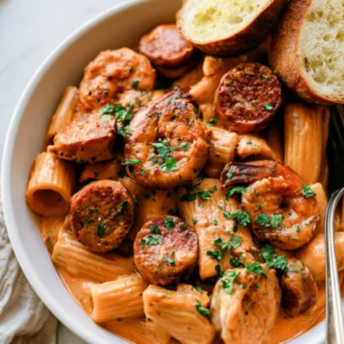 Bowl of creamy Cajun rigatoni with seared shrimp, sliced smoked sausage and chopped parsley, toasted baguette slices on the side