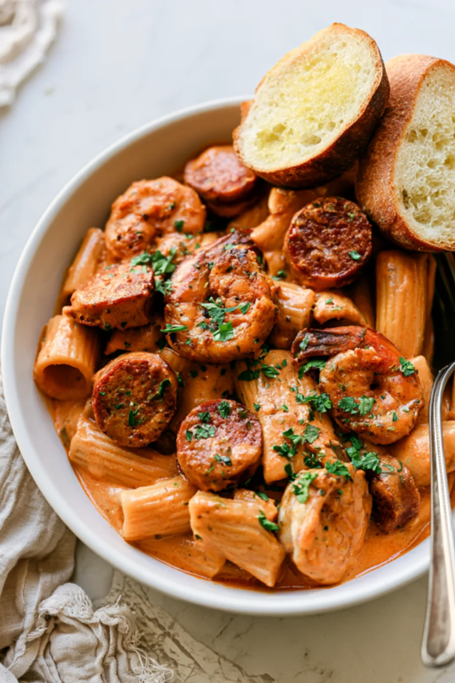 Bowl of creamy Cajun rigatoni with seared shrimp, sliced smoked sausage and chopped parsley, toasted baguette slices on the side