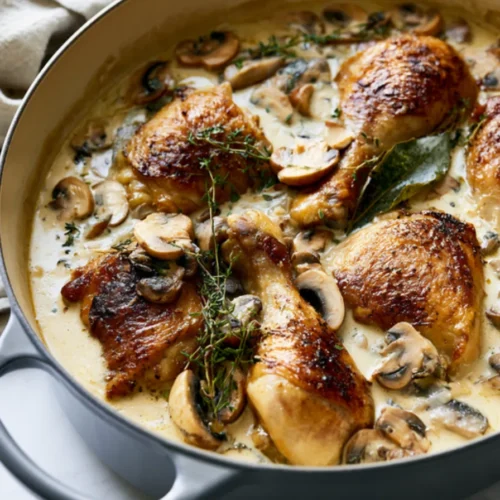 Chicken fricassee in a braiser, browned thighs and drumsticks in a creamy mushroom and white wine sauce with thyme and a bay leaf