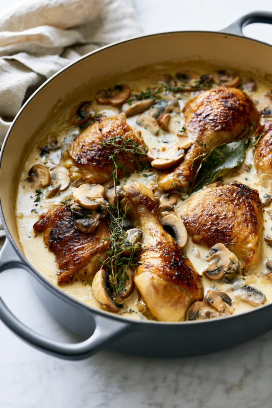 Chicken fricassee in a braiser, browned thighs and drumsticks in a creamy mushroom and white wine sauce with thyme and a bay leaf