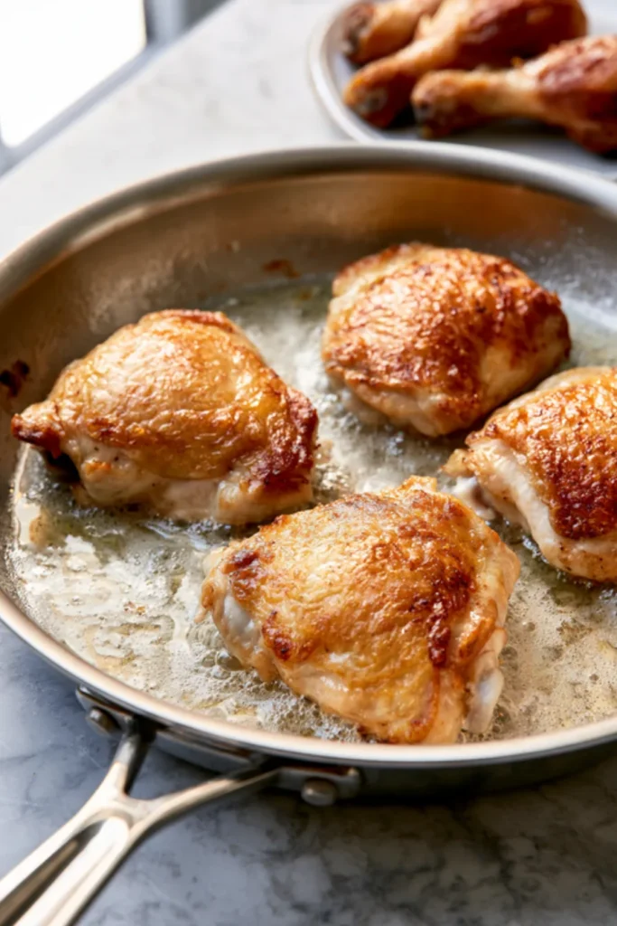Browning the Chicken in Butter Chicken thighs browned to deep gold in butter in a stainless steel skillet, with browned drumsticks waiting on a plate beside the pan