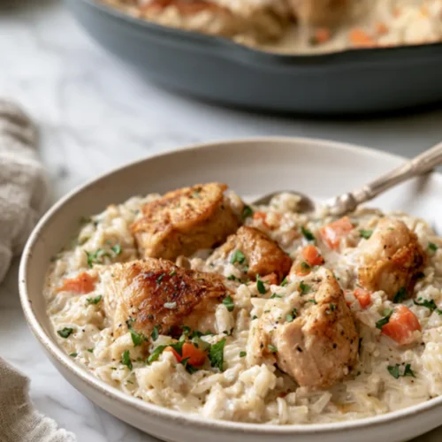 A bowl of creamy chicken and rice with browned chicken thigh pieces, diced carrots and chopped parsley, the skillet behind it
