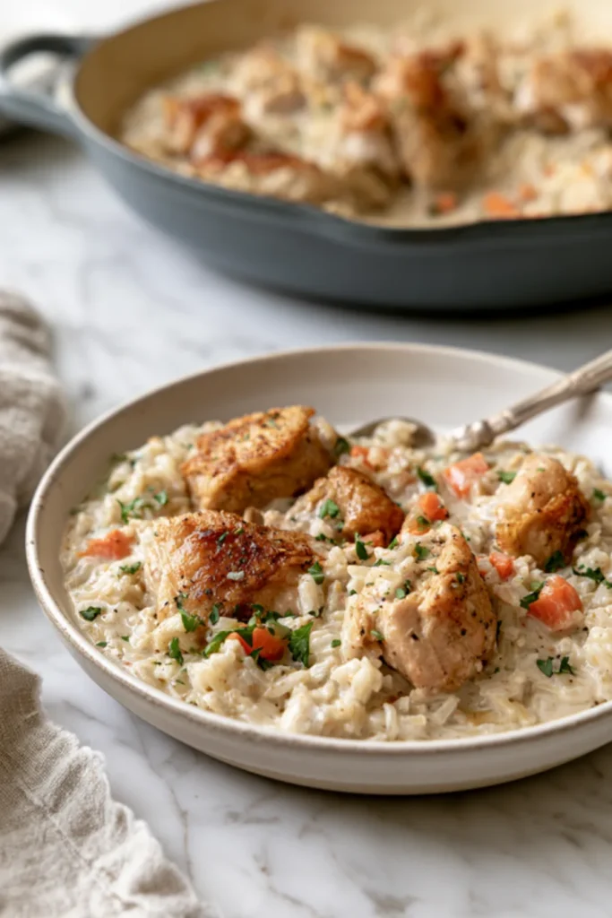Creamy One-Pot Chicken and Rice A bowl of creamy chicken and rice with browned chicken thigh pieces, diced carrots and chopped parsley, the skillet behind it