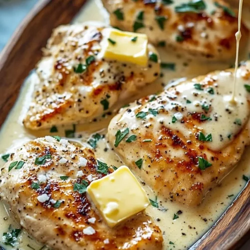Creamy garlic parmesan chicken served on a plate with herbs and garlic