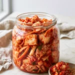 A glass jar of freshly mixed napa cabbage kimchi with radish, carrot and green onion in red chili paste, a small dish of kimchi with sesame seeds beside it