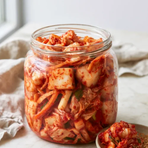 A glass jar of freshly mixed napa cabbage kimchi with radish, carrot and green onion in red chili paste, a small dish of kimchi with sesame seeds beside it
