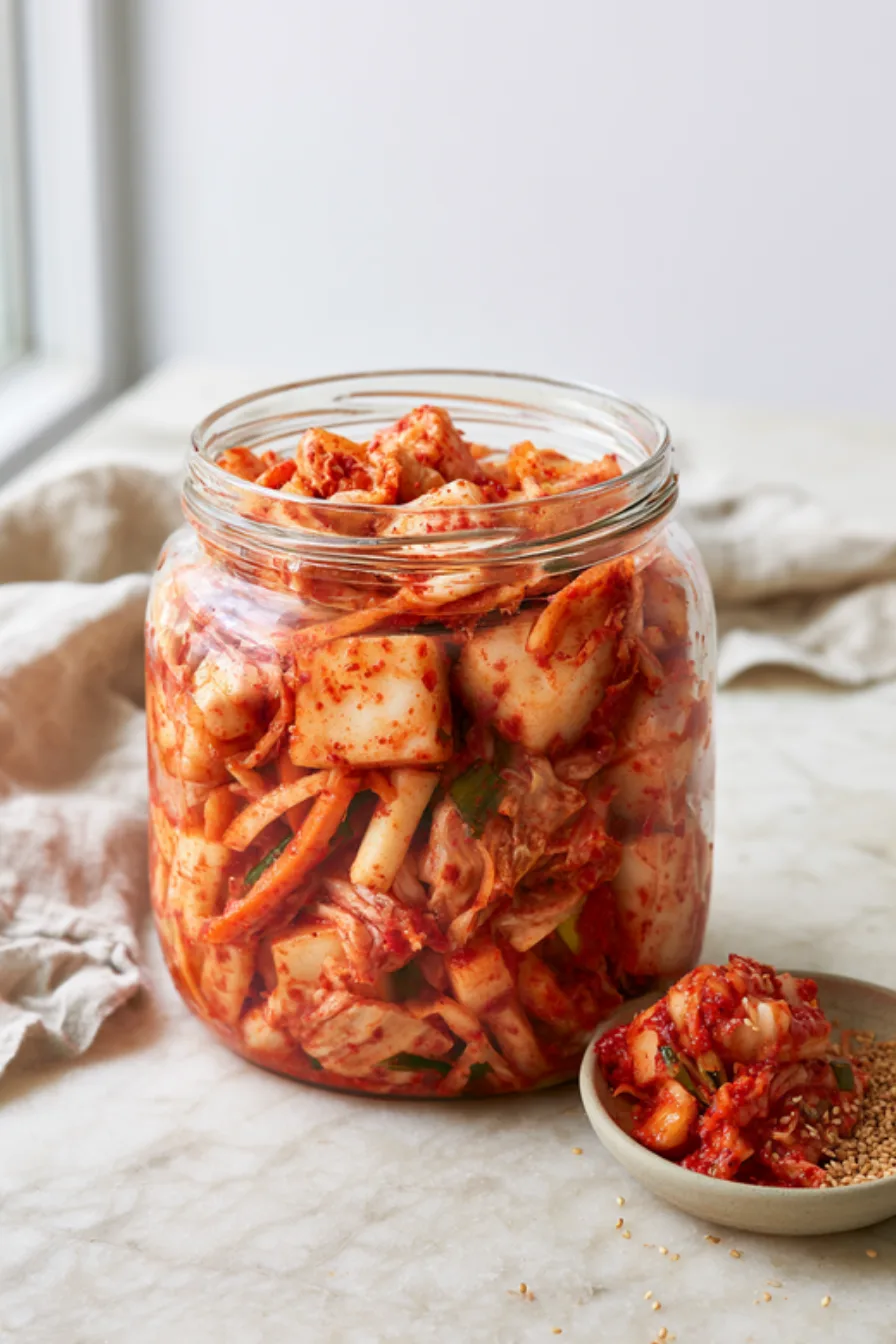 A glass jar of freshly mixed napa cabbage kimchi with radish, carrot and green onion in red chili paste, a small dish of kimchi with sesame seeds beside it