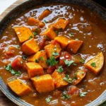 Hearty vegan sweet potato stew served in a bowl with fresh herbs on top