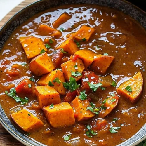 Hearty vegan sweet potato stew served in a bowl with fresh herbs on top