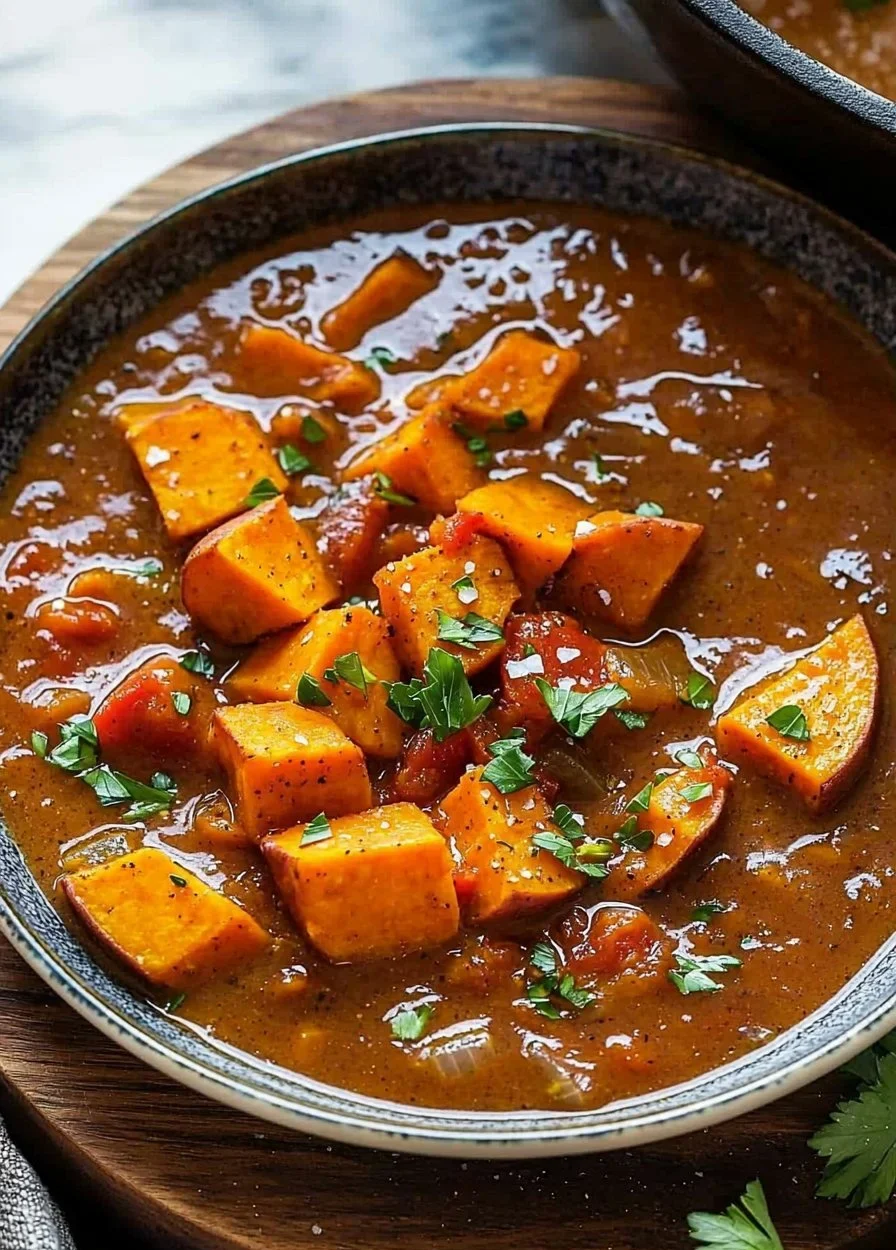 Hearty vegan sweet potato stew served in a bowl with fresh herbs on top