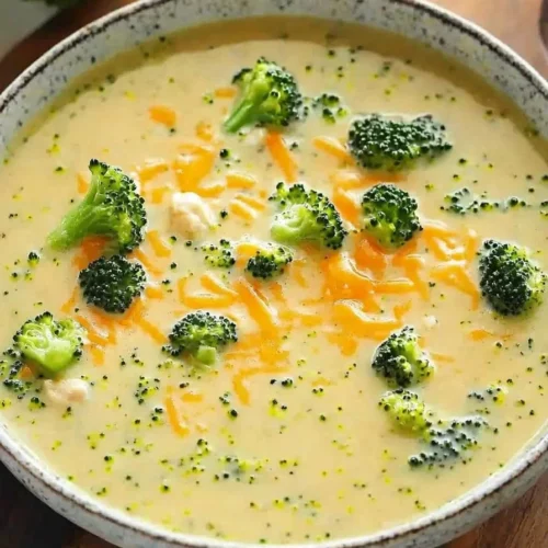Bowl of high protein broccoli cheddar soup with garnished toppings