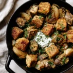 Golden egg-coated eggplant cubes with soft onion wedges and chopped parsley in a cast iron skillet, a spoonful of sour cream in the center