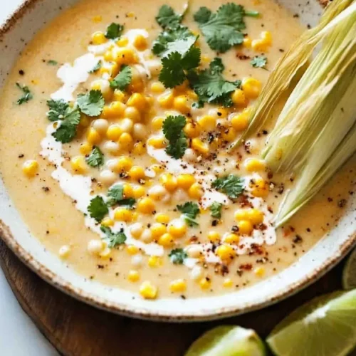 Bowl of creamy Elote Soup, a flavorful Mexican street corn soup for fall