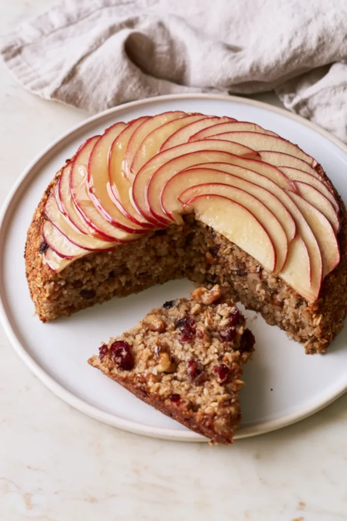 Flourless Oatmeal Apple Cake Flourless oatmeal apple cake topped with a fan of glazed apple slices, one slice cut to show the oat crumb with walnuts and cranberries