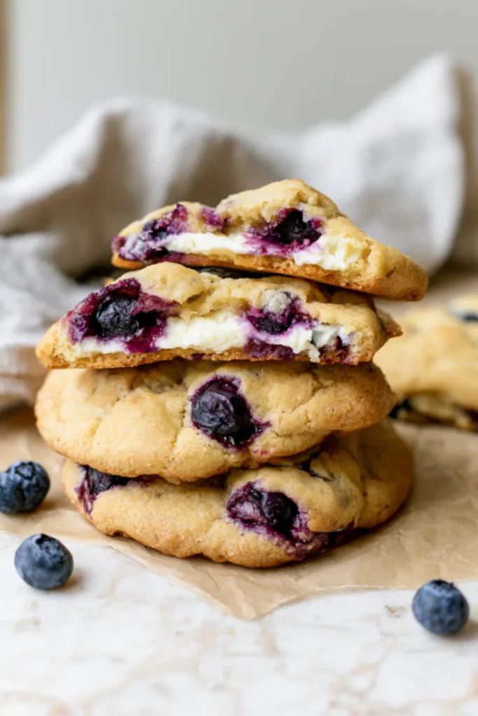 Gluten-Free Blueberry Cheesecake Cookies Stack of gluten-free blueberry cheesecake cookies on parchment, the top two broken open to show a creamy cream cheese center and burst blueberries