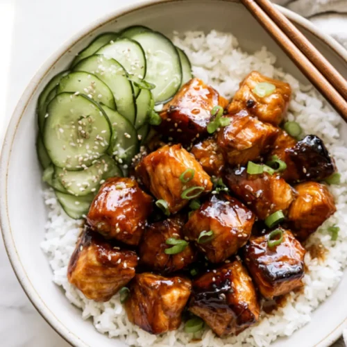Honey garlic salmon bowl with glazed salmon cubes over white rice, sesame cucumber salad, sliced green onion and chopsticks on the rim