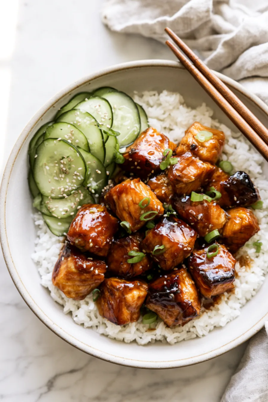 Honey garlic salmon bowl with glazed salmon cubes over white rice, sesame cucumber salad, sliced green onion and chopsticks on the rim