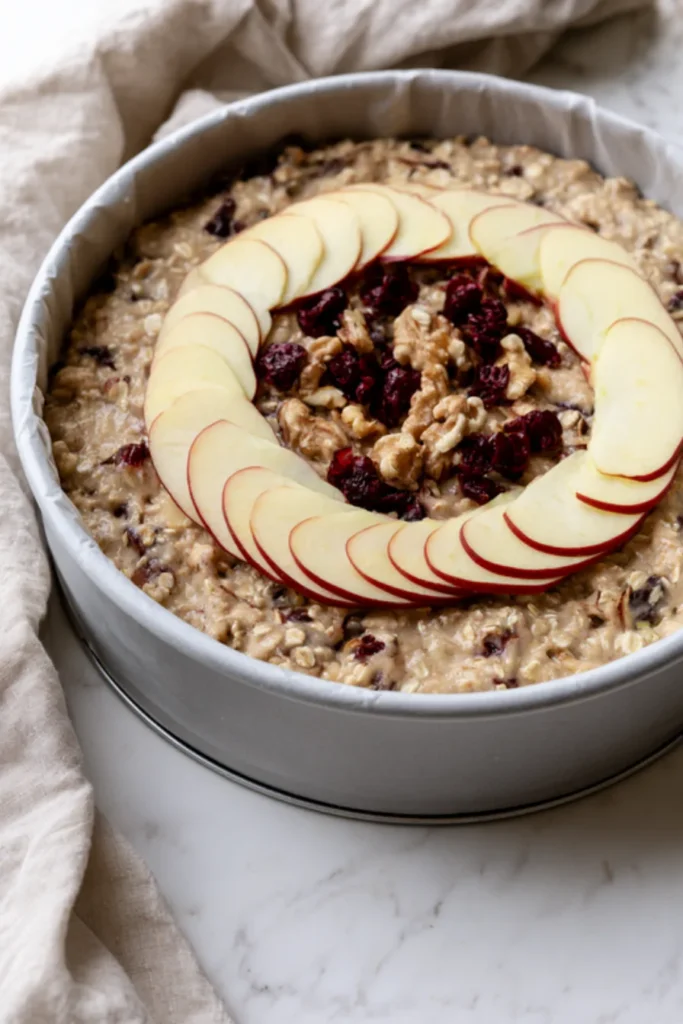 Oatmeal Apple Cake Batter in the Pan Thick oat and apple cake batter in a lined springform pan with thin apple slices arranged in a spiral before baking