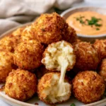 Plate of crispy cornflake-coated potato cheese balls, one broken open to show a melted mozzarella center, with a small bowl of spicy mayo