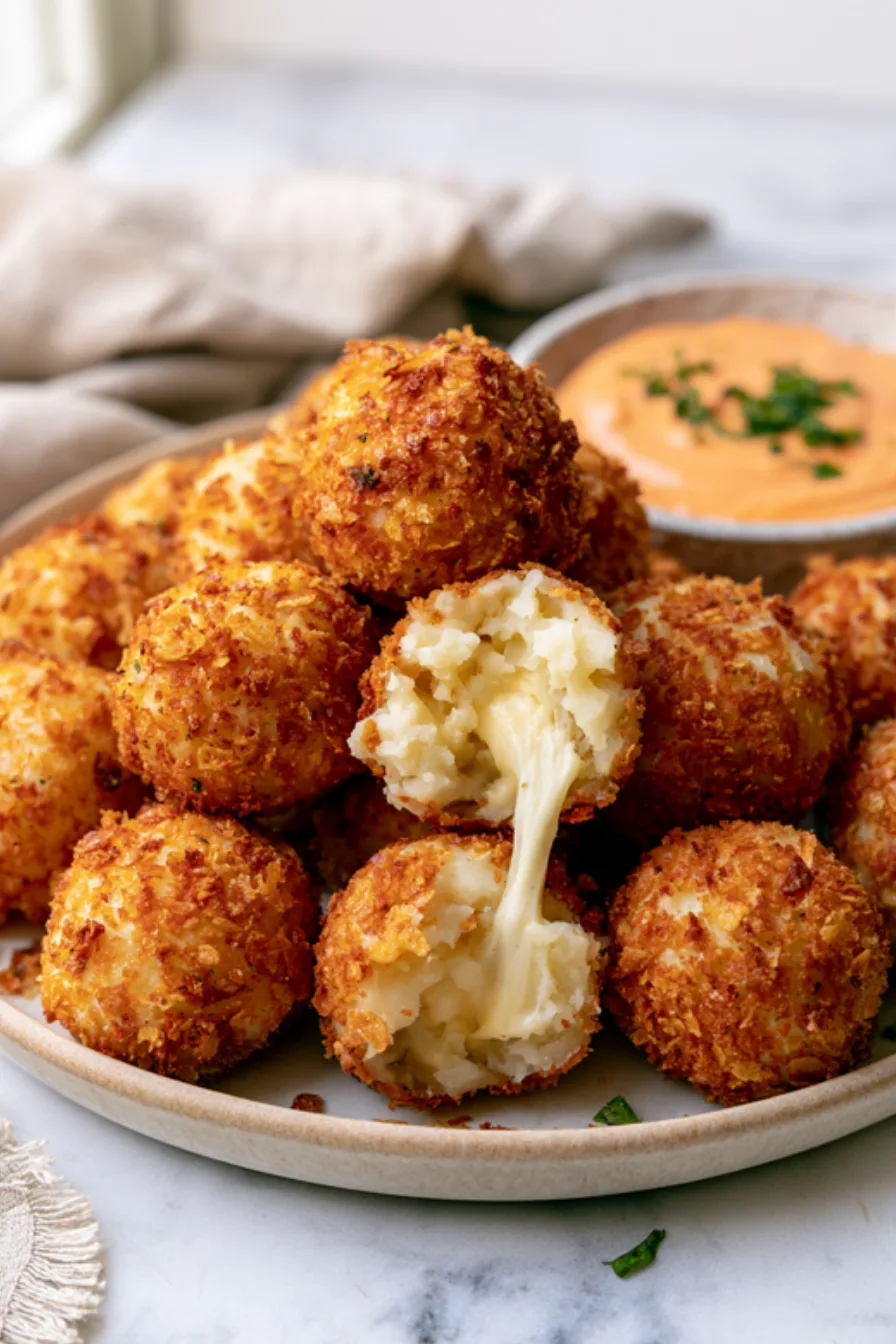 Plate of crispy cornflake-coated potato cheese balls, one broken open to show a melted mozzarella center, with a small bowl of spicy mayo