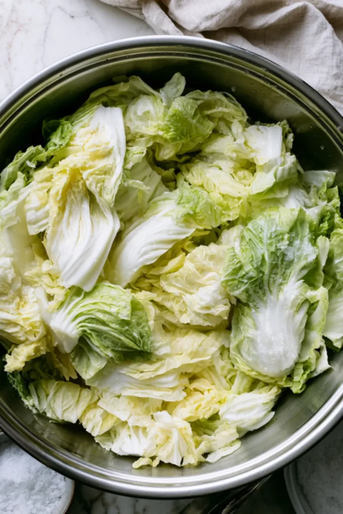 Salted Napa Cabbage Bite-size pieces of napa cabbage wilting in coarse salt in a large stainless steel bowl